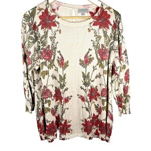 Joseph A Floral Design Long Sleeve Peasant Knit Top Metallic Thread Womens Med